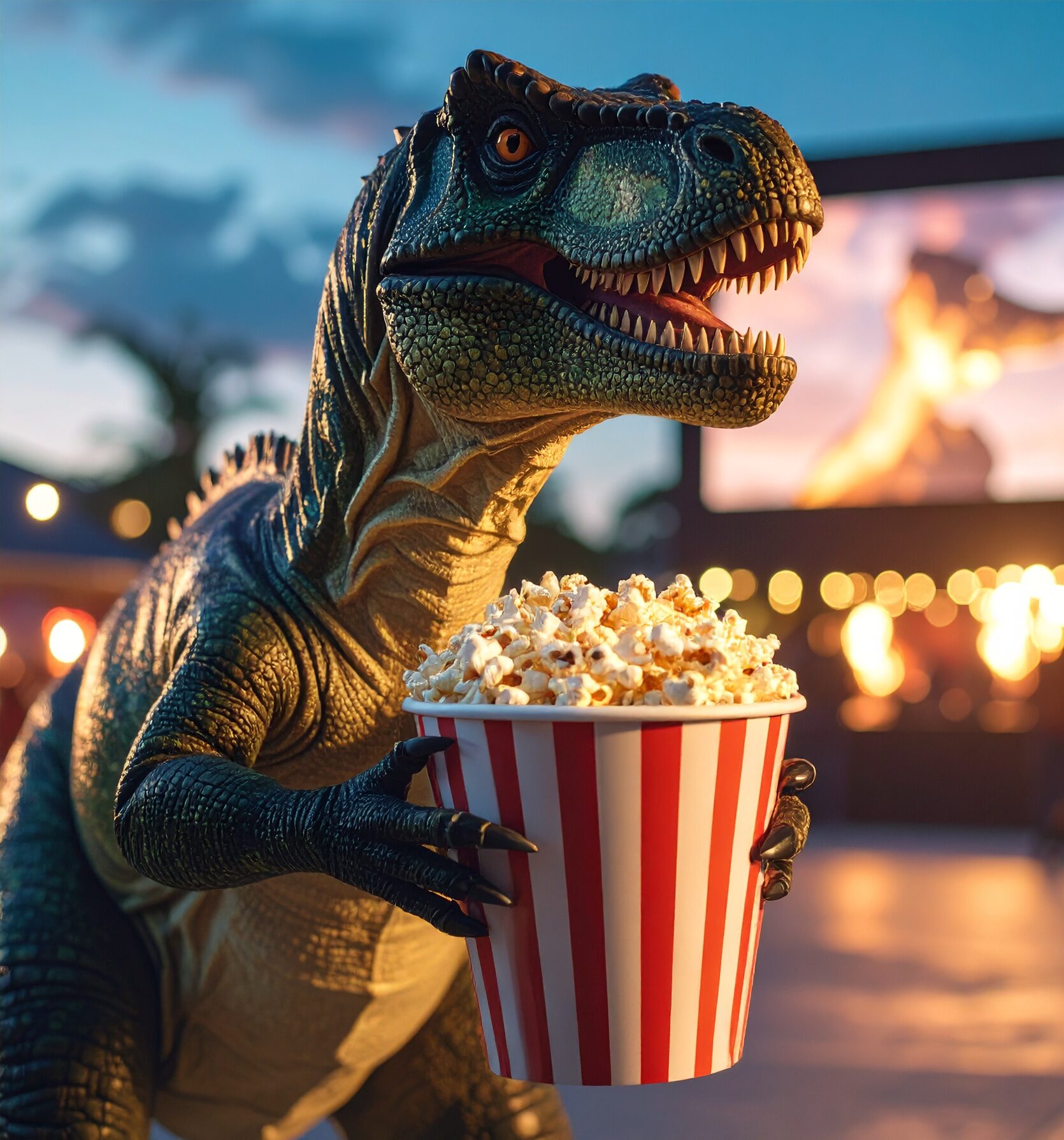 dinosaur holding an enourmous bucket of popcorn 981863